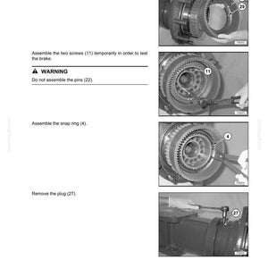 May include: A page from a manual showing the undercarriage section with instructions for removing and assembling parts. The images show gears, screws, and snap rings. Text includes warnings and part numbers.