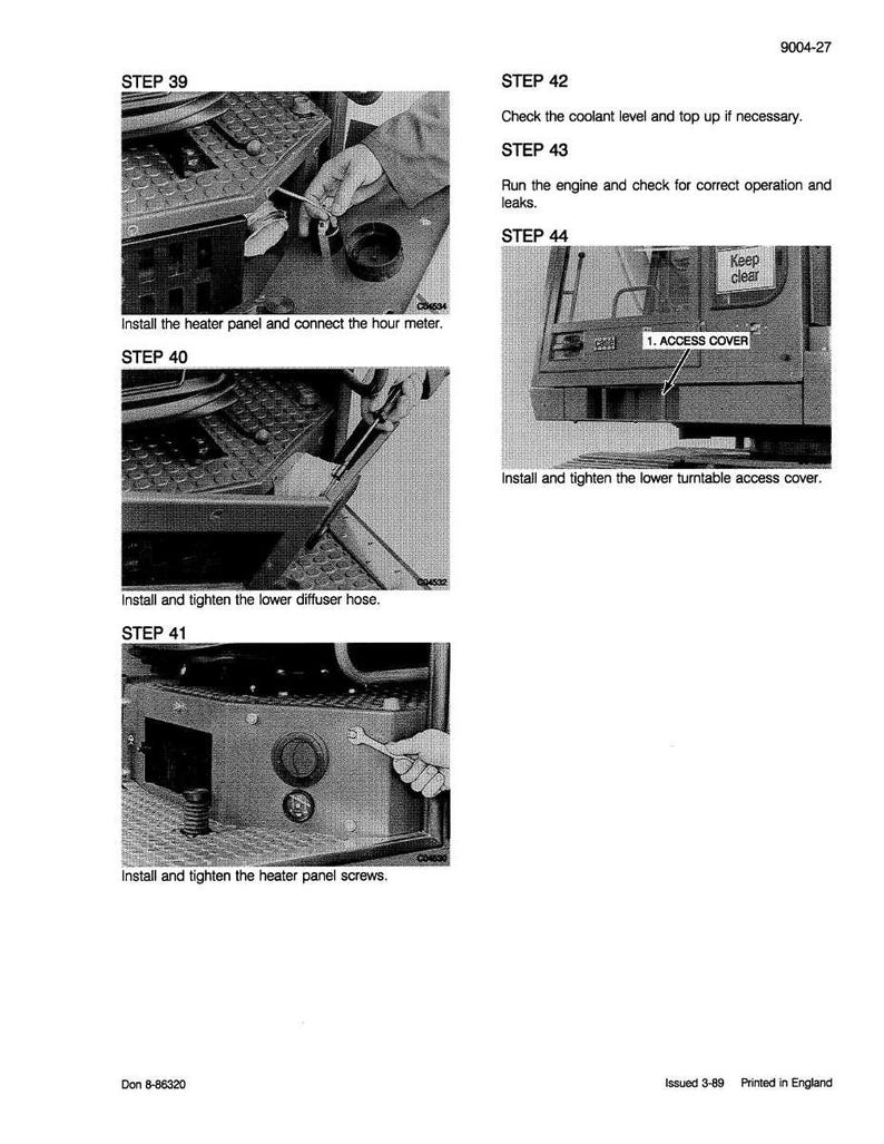May include: A grayscale technical manual page with instructions for vehicle maintenance. The steps include installing a heater panel, connecting a meter, tightening hoses and screws, and checking coolant levels. The manual is printed in England.