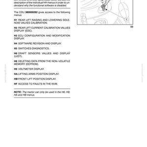 May include: A page from a manual titled "SECTION 35 - HYDRAULIC SYSTEMS - CHAPTER 4". The page includes text about hydraulic systems, a diagram with labels, and a list of menu options. The diagram shows a component with labels A, B, C, and 1.