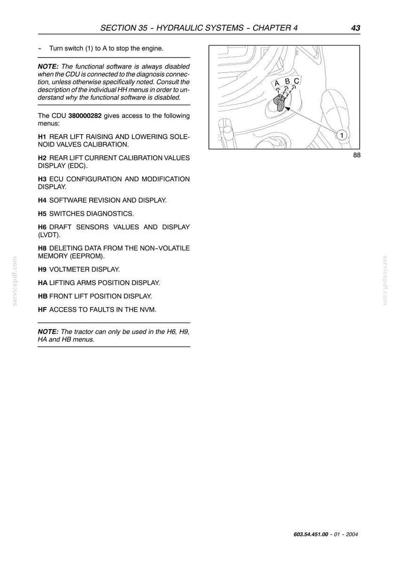 May include: A page from a manual titled "SECTION 35 - HYDRAULIC SYSTEMS - CHAPTER 4". The page includes text about hydraulic systems, a diagram with labels, and a list of menu options. The diagram shows a component with labels A, B, C, and 1.