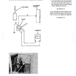 K&ouml;nnte beinhalten: Diagramm eines Stromkreises mit Beschriftungen wie "Feststellbremse", "Instrumententafel" und "Schalter". Das Diagramm enth&auml;lt ein Ohmmeter und Anweisungen zur Widerstandspr&uuml;fung.