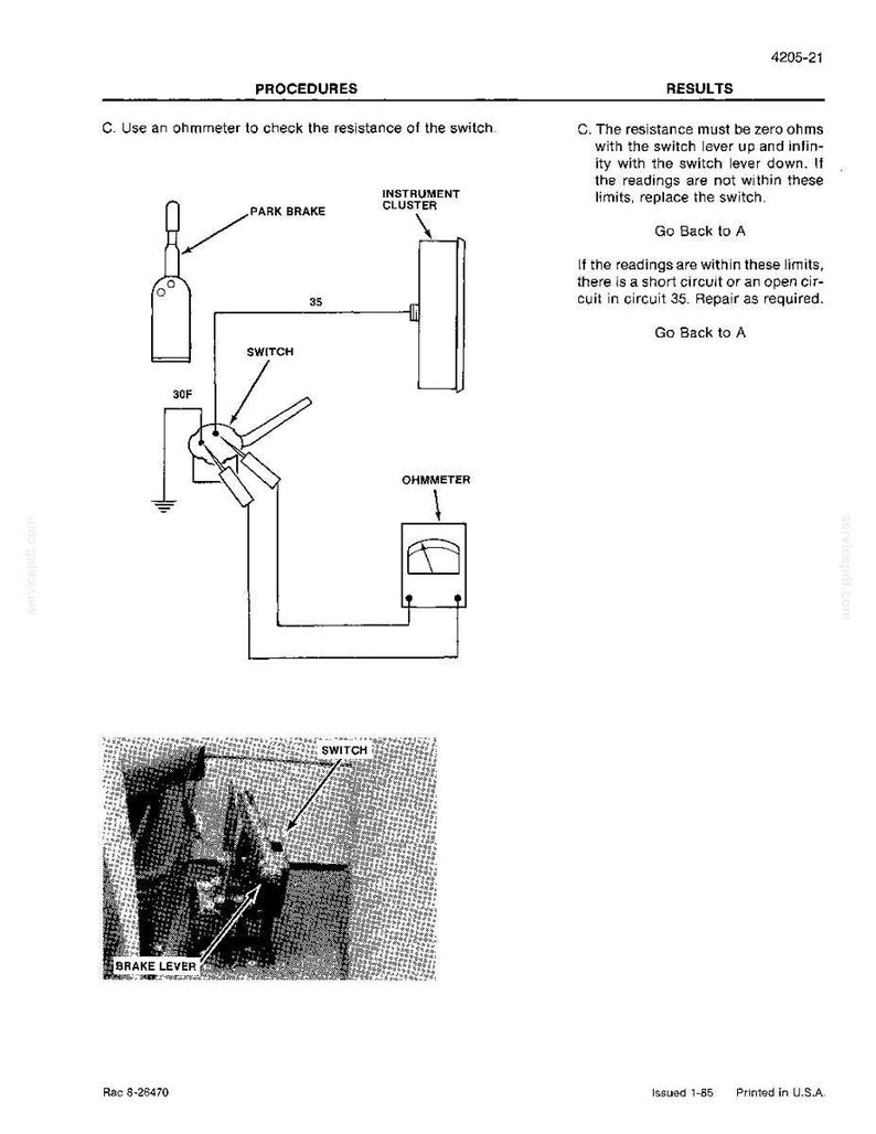 K&ouml;nnte beinhalten: Diagramm eines Stromkreises mit Beschriftungen wie "Feststellbremse", "Instrumententafel" und "Schalter". Das Diagramm enth&auml;lt ein Ohmmeter und Anweisungen zur Widerstandspr&uuml;fung.