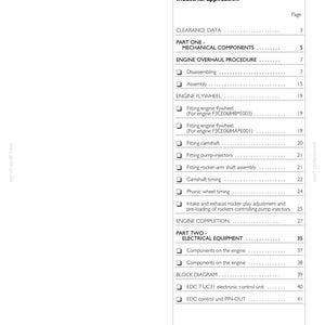Pu&ograve; includere: Una pagina di documento tecnico intitolata Section 3 Industrial Application, che elenca componenti meccanici, procedure di revisione del motore e apparecchiature elettriche. Include un sommario dettagliato con i numeri di pagina.