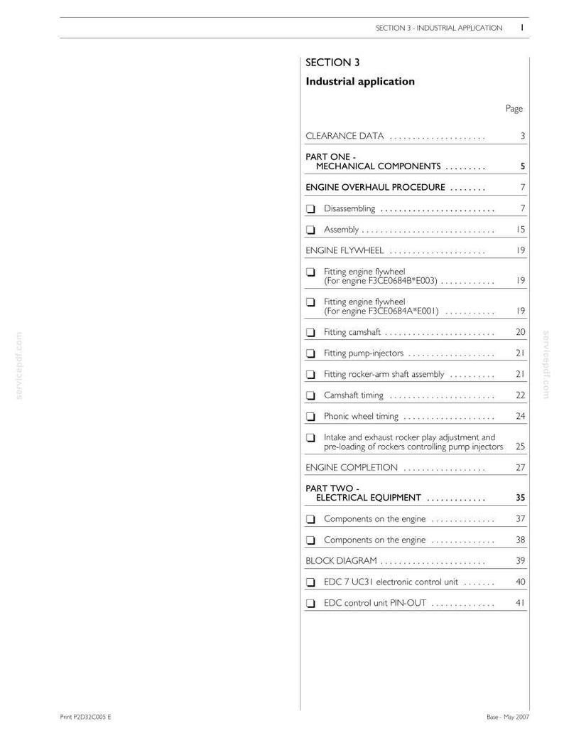 Pu&ograve; includere: Una pagina di documento tecnico intitolata Section 3 Industrial Application, che elenca componenti meccanici, procedure di revisione del motore e apparecchiature elettriche. Include un sommario dettagliato con i numeri di pagina.
