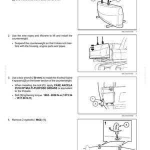 May include: Diagram illustrating the installation of a counterweight, including steps for connecting shackles to eyebolts, using wire ropes and a liftcrane. Instructions also cover bolt installation and torque specifications.