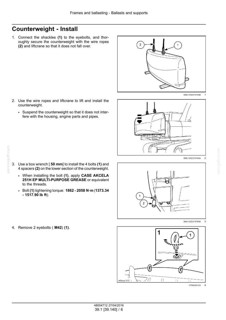 May include: Diagram illustrating the installation of a counterweight, including steps for connecting shackles to eyebolts, using wire ropes and a liftcrane. Instructions also cover bolt installation and torque specifications.