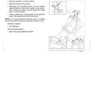 May include: A technical maintenance document page titled 7 - MAINTENANCE, detailing instructions for Bucket grease fittings. It includes text steps, a note on lubrication frequency, and line drawings showing grease points on an excavator bucket.