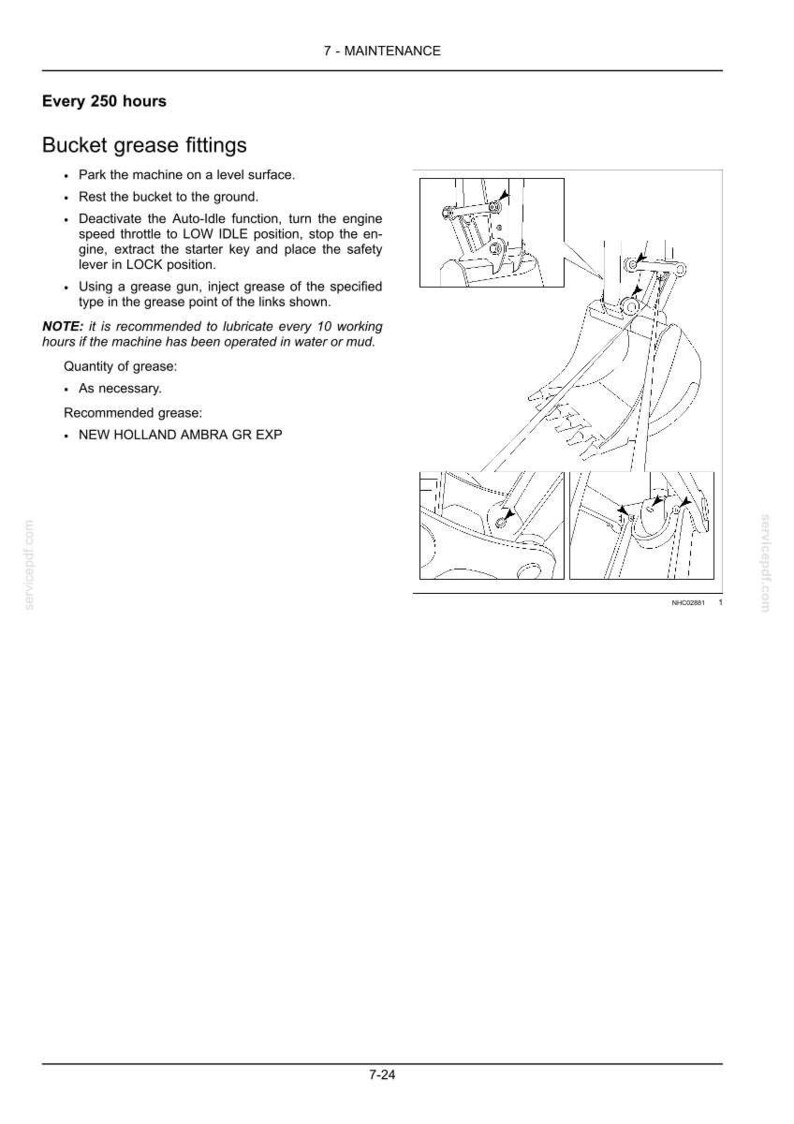 May include: A technical maintenance document page titled 7 - MAINTENANCE, detailing instructions for Bucket grease fittings. It includes text steps, a note on lubrication frequency, and line drawings showing grease points on an excavator bucket.