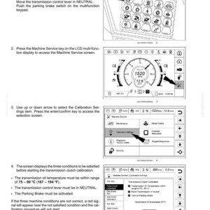 May include: Diagram of a machine's internal components, detailing the clutch calibration feature. Includes steps for accessing the feature, with images of the control panel, LCD screen, and settings. The oil temperature range is 75-90&deg;C (167-194&deg;F).