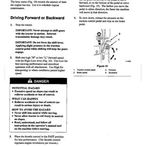 Op de afbeelding: Een pagina uit een gebruikershandleiding getiteld Operation, met instructies voor het vooruit of achteruit rijden met een tractor, het gebruik van een urenteller en veiligheidswaarschuwingen. Het bevat een diagram Figure 15 met een pedaal.