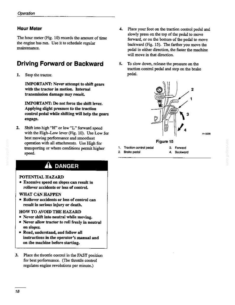 Op de afbeelding: Een pagina uit een gebruikershandleiding getiteld Operation, met instructies voor het vooruit of achteruit rijden met een tractor, het gebruik van een urenteller en veiligheidswaarschuwingen. Het bevat een diagram Figure 15 met een pedaal.