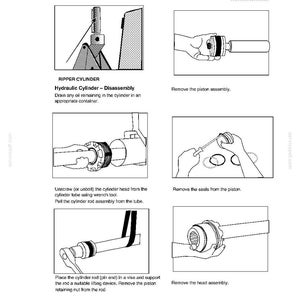 May include: Diagram of a ripper cylinder disassembly process. The image shows step-by-step instructions, including removing the piston assembly, seals, and head assembly. Text includes "Hydraulic Cylinder - Disassembly" and "CASE CONSTRUCTION".