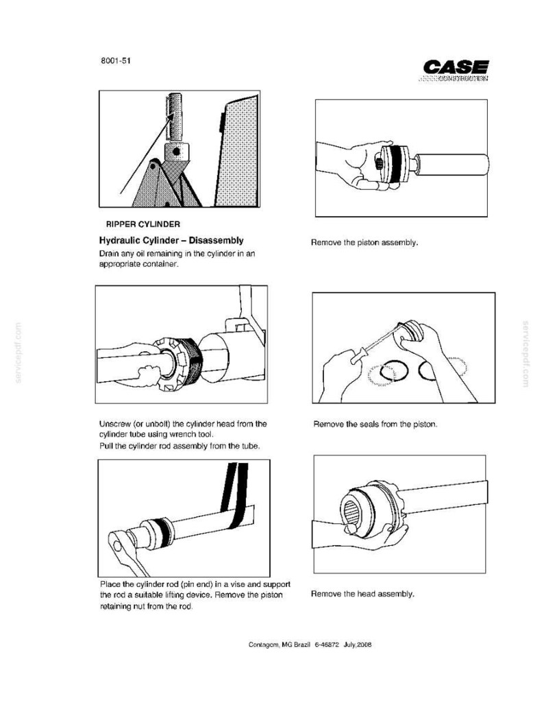 May include: Diagram of a ripper cylinder disassembly process. The image shows step-by-step instructions, including removing the piston assembly, seals, and head assembly. Text includes "Hydraulic Cylinder - Disassembly" and "CASE CONSTRUCTION".