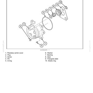 May include: An exploded diagram of a planetary drive and hub assembly, with components labeled. Includes a planetary carrier cover, plug, screw, pin, O-ring, washer, bearing, gear, triangular plate, and elastic ring. Text at the top reads "Front axle system - Final drive hub, steering knuckles, and shafts."