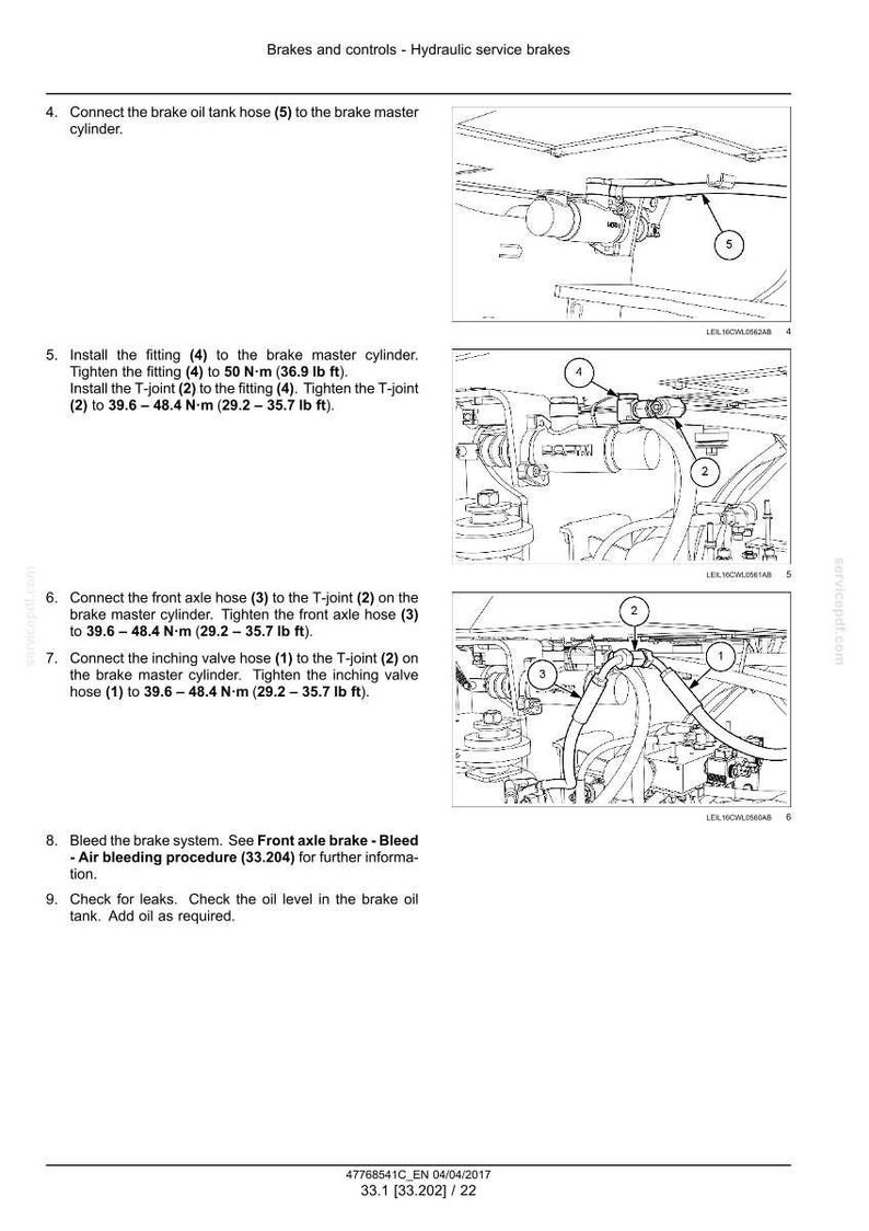 May include: Diagram of hydraulic service brakes, detailing the connection of hoses and fittings to the brake master cylinder. Includes torque specifications in lb ft and N-m. Text includes instructions for bleeding the brake system.