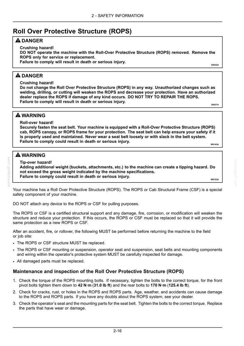 May include: A white document with safety information about the Roll Over Protective Structure (ROPS) for a machine. The document includes warnings about crushing and tip-over hazards, and maintenance instructions. The text is in black.