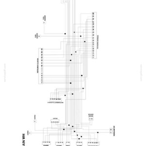 Op de afbeelding: Diagram van een elektrisch systeem met kabelbomen en connectoren, beschreven met tekst. Het diagram bevat componenten zoals brandstofsensoren, instrumentenclusters en diverse schakelaars, allemaal verbonden door lijnen.