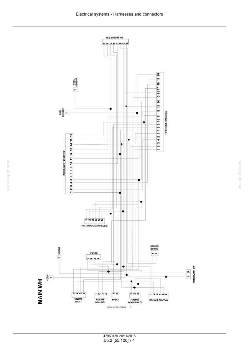 Op de afbeelding: Diagram van een elektrisch systeem met kabelbomen en connectoren, beschreven met tekst. Het diagram bevat componenten zoals brandstofsensoren, instrumentenclusters en diverse schakelaars, allemaal verbonden door lijnen.