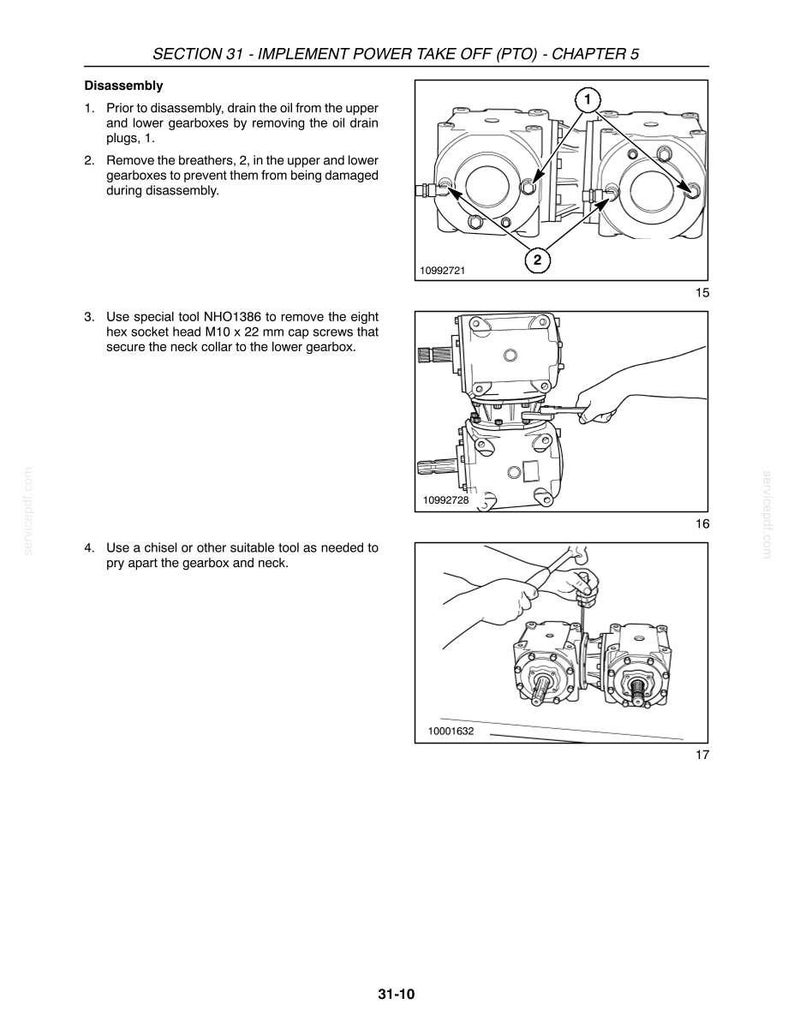 May include: Diagram from a manual showing the disassembly of a power take-off (PTO) system. The image includes numbered steps with illustrations of the process, including removing oil drain plugs, breathers, and screws. Text includes "SECTION 31 - IMPLEMENT POWER TAKE OFF (PTO) - CHAPTER 5".
