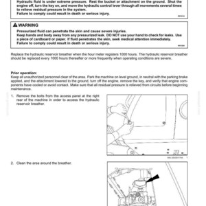 May include: Page from a maintenance manual with the title "Hydraulic reservoir breather." The page includes safety warnings about pressurized hydraulic fluid, along with instructions and diagrams for maintenance procedures. The page is white with black text and illustrations.