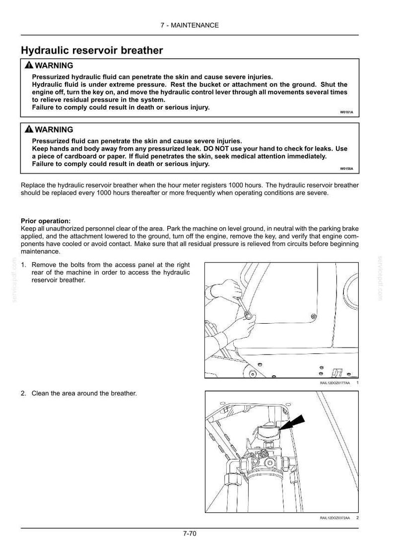 May include: Page from a maintenance manual with the title "Hydraulic reservoir breather." The page includes safety warnings about pressurized hydraulic fluid, along with instructions and diagrams for maintenance procedures. The page is white with black text and illustrations.