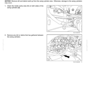 May include: Diagram of a swing cylinder area with labels and instructions for maintenance. The image includes detailed illustrations of the components and steps for cleaning and removing debris.