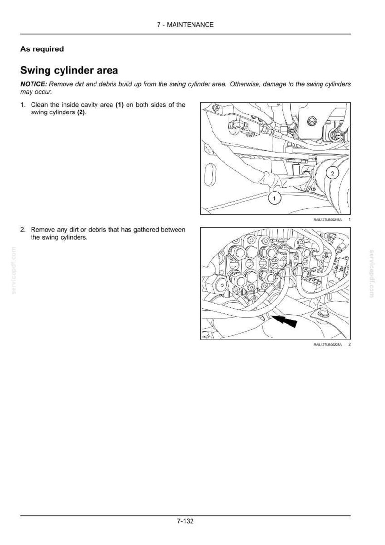May include: Diagram of a swing cylinder area with labels and instructions for maintenance. The image includes detailed illustrations of the components and steps for cleaning and removing debris.