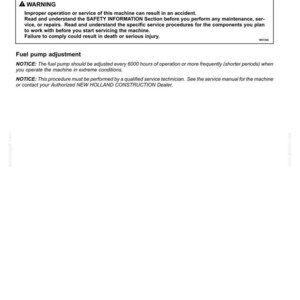 May include: A technical document page titled 7-MAINTENANCE, detailing instructions for the fuel feed pump adjustment every 6000 hours. It includes a warning box regarding machine service safety and notices for qualified technicians to consult the manual.