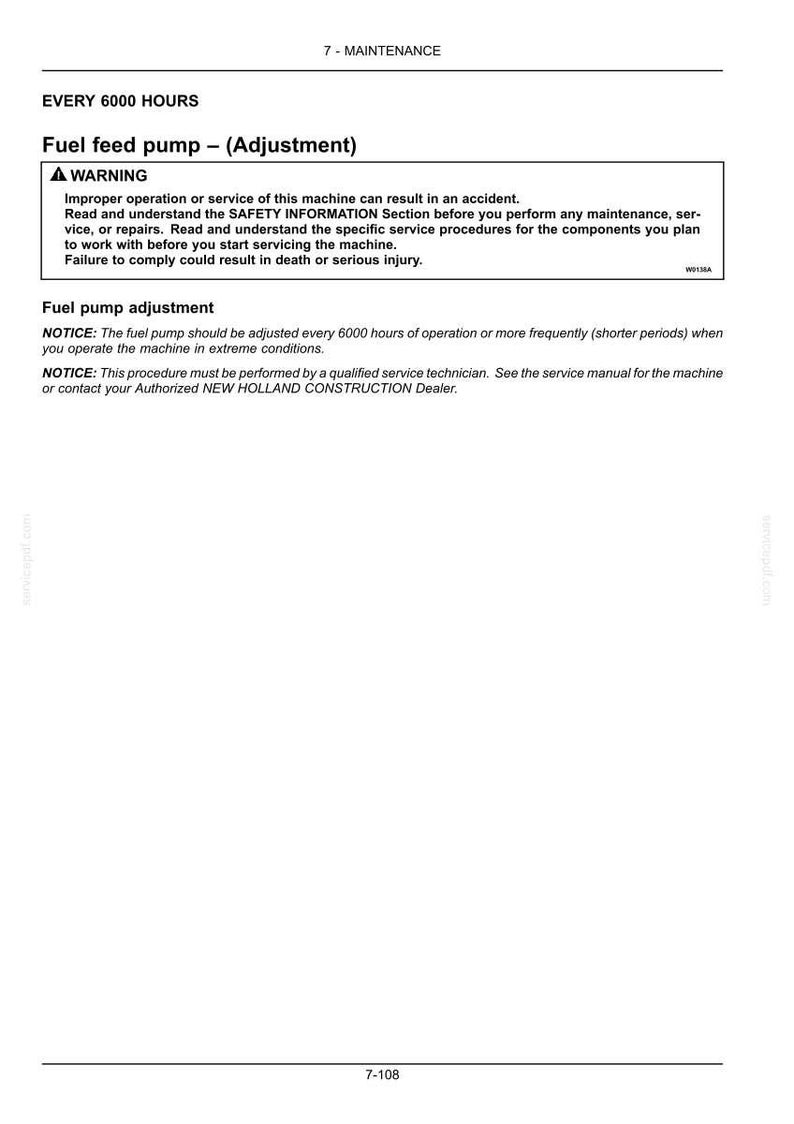 May include: A technical document page titled 7-MAINTENANCE, detailing instructions for the fuel feed pump adjustment every 6000 hours. It includes a warning box regarding machine service safety and notices for qualified technicians to consult the manual.