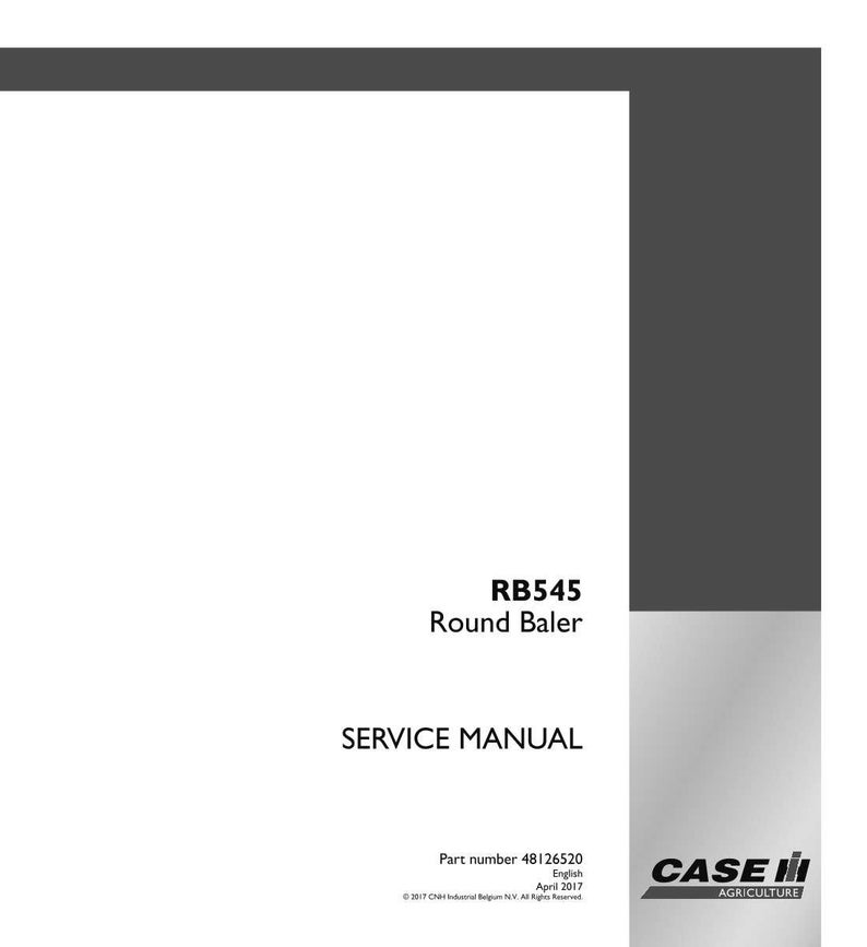 以下が含まれることがあります： 「RB545 Round Baler」と「SERVICE MANUAL」の黒い文字が入った白いサービスマニュアル。Case IH Agricultureのロゴが右下にあります。部品番号は48126520です。
