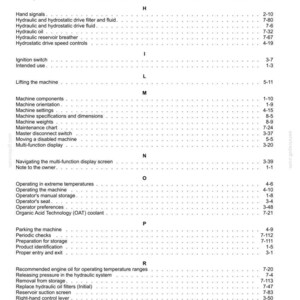 May include: A black and white index page from a technical manual, organized alphabetically from G to R. The text lists various machine operation and maintenance topics, such as hydraulic systems, machine components, and safety procedures, with corresponding page numbers.