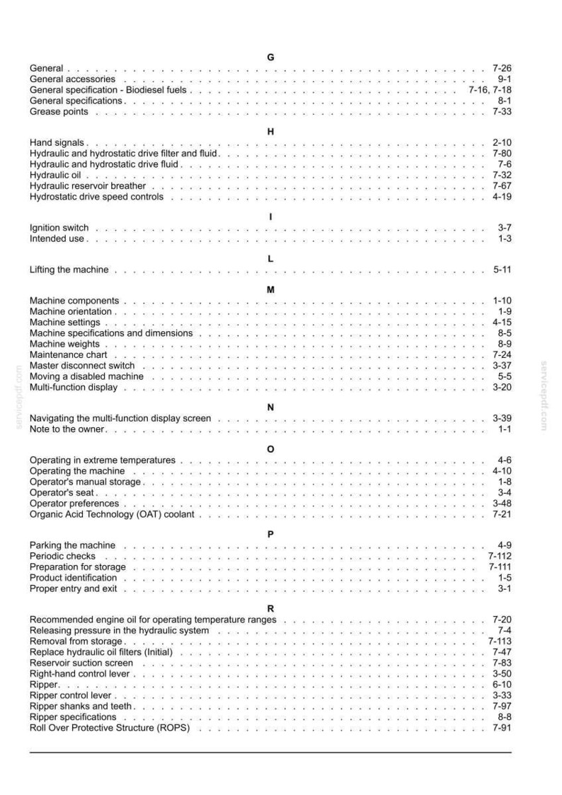 May include: A black and white index page from a technical manual, organized alphabetically from G to R. The text lists various machine operation and maintenance topics, such as hydraulic systems, machine components, and safety procedures, with corresponding page numbers.