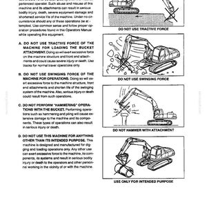 Op de afbeelding: Een pagina uit een technisch handboek met de titel Section I- SAFETY PRECAUTIONS 1.9 PROHIBITED MACHINE OPERATION. Het bevat vier zwart-wit lijntekeningen van een graafmachine die verboden handelingen illustreren zoals trekkracht, zwenkkracht, hameren en onjuist tillen.