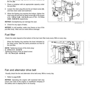 May include: Diagram of a fuel pre-filter and fuel filter with instructions for maintenance. The image includes labeled components and torque specifications in Newton-meters and pound-feet.