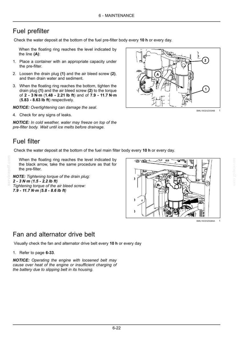 May include: Diagram of a fuel pre-filter and fuel filter with instructions for maintenance. The image includes labeled components and torque specifications in Newton-meters and pound-feet.