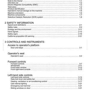 May include: A page from a manual titled "Contents" with a list of topics. The topics include general information, safety information, and controls and instruments. The text is black on a white background.