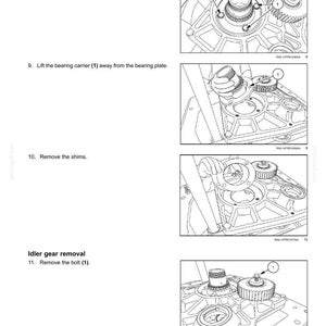 May include: Diagram of CVT internal components, showing steps for removing bolts, bearing carrier, shims, and idler gear. The image is a technical illustration with labels and arrows pointing to specific parts.