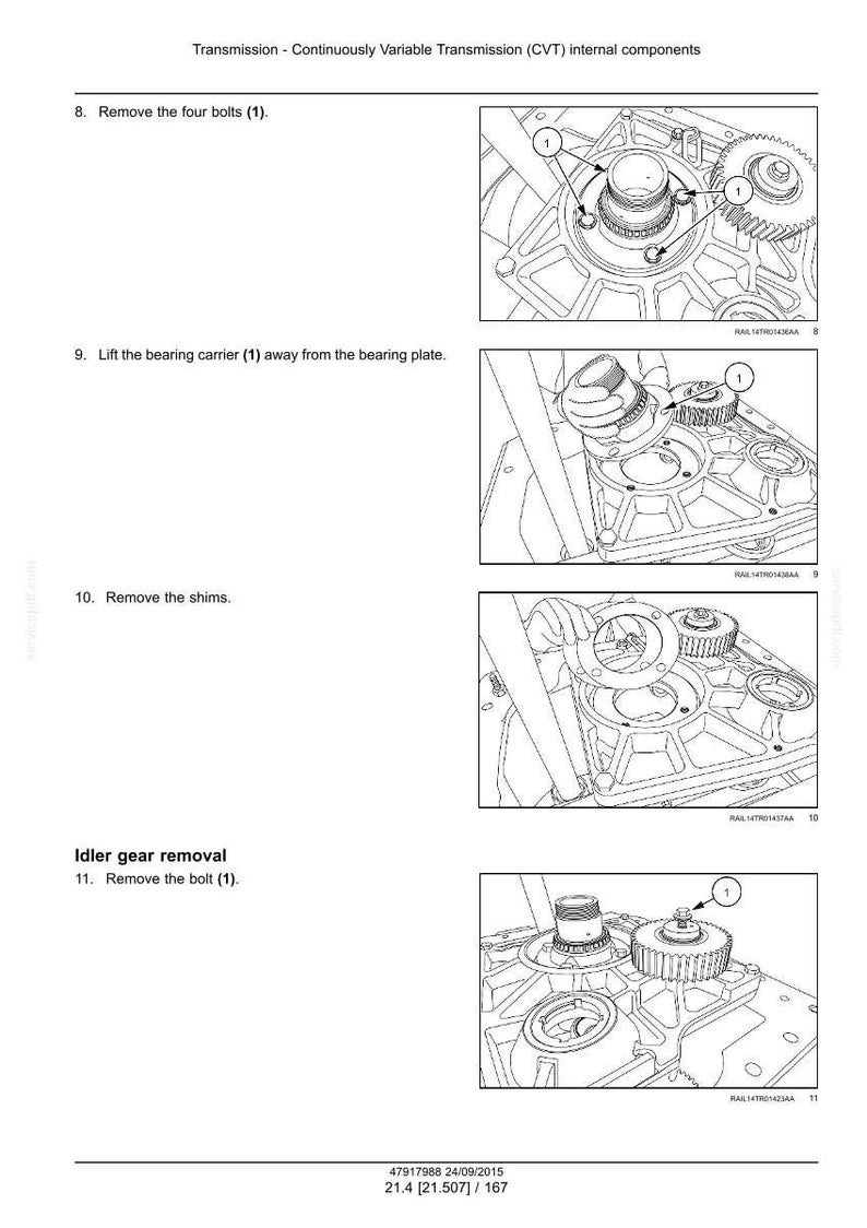 May include: Diagram of CVT internal components, showing steps for removing bolts, bearing carrier, shims, and idler gear. The image is a technical illustration with labels and arrows pointing to specific parts.