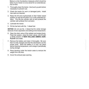 May include: A technical document page titled 7 - MAINTENANCE, Storage - Storing, detailing nine numbered steps for tractor storage. It includes instructions on cleaning, lubrication, fuel tank filling with No. 1 diesel, and battery maintenance.