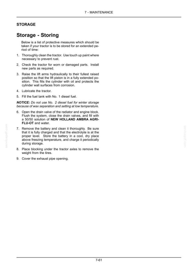 May include: A technical document page titled 7 - MAINTENANCE, Storage - Storing, detailing nine numbered steps for tractor storage. It includes instructions on cleaning, lubrication, fuel tank filling with No. 1 diesel, and battery maintenance.