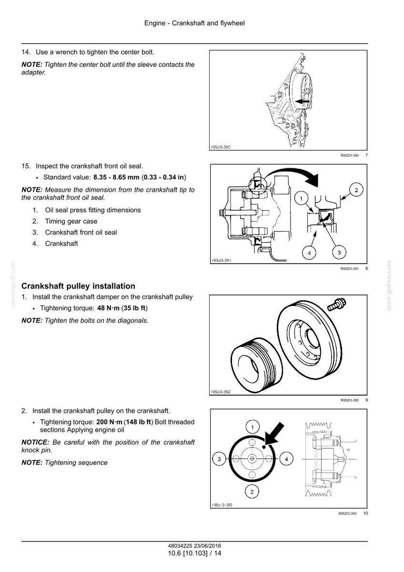 May include: Diagram of engine components, including a crankshaft and flywheel. Instructions detail tightening bolts and installing parts. Measurements are provided in inches and foot-pounds.