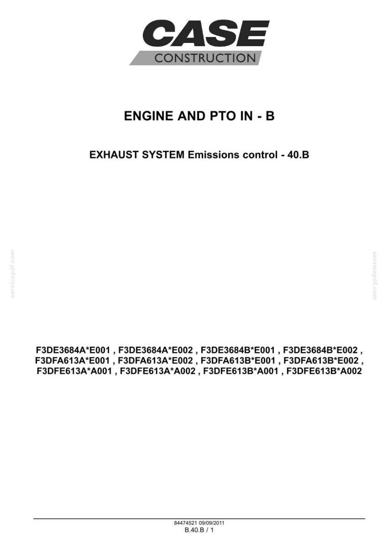 May include: A document with the "CASE CONSTRUCTION" logo, titled "ENGINE AND PTO IN - B". It lists exhaust system emissions control information and part numbers. The document is dated 09/09/2011.