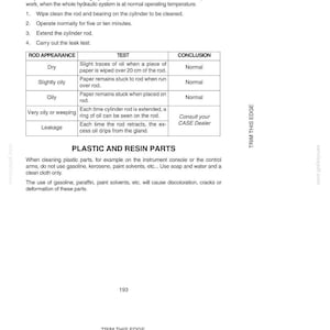 May include: A page from a manual detailing cylinder leakage checks. The text includes instructions, a table with rod appearance tests, and warnings about plastic and resin parts. The page is white with black text.