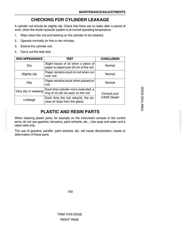May include: A page from a manual detailing cylinder leakage checks. The text includes instructions, a table with rod appearance tests, and warnings about plastic and resin parts. The page is white with black text.