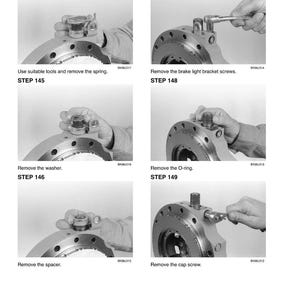 May include: A series of black and white images demonstrating mechanical steps. The images show hands using tools to remove parts from a circular metal component. Text indicates steps such as removing a spring, washer, and O-ring.