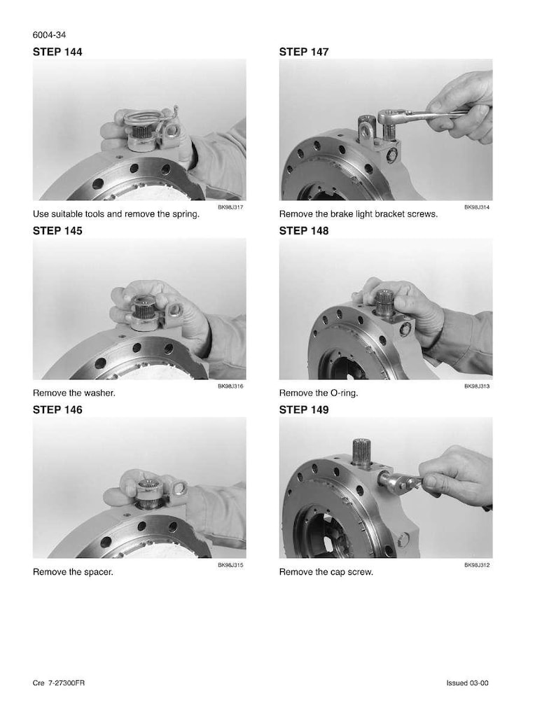 May include: A series of black and white images demonstrating mechanical steps. The images show hands using tools to remove parts from a circular metal component. Text indicates steps such as removing a spring, washer, and O-ring.
