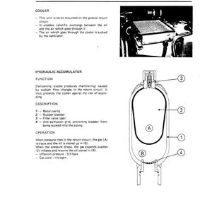 May include: Diagram of hydraulic components, including a cooler and accumulator. The text describes the function and components, such as a metal casing, rubber bladder, and filler valve. The image is a technical illustration.