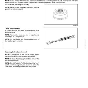 May include: Technical diagram from a manual, featuring two illustrations of clutch components. The top image shows a cylindrical part, while the bottom image displays a series of small, circular components. Text details reassembly instructions and clutch versions.