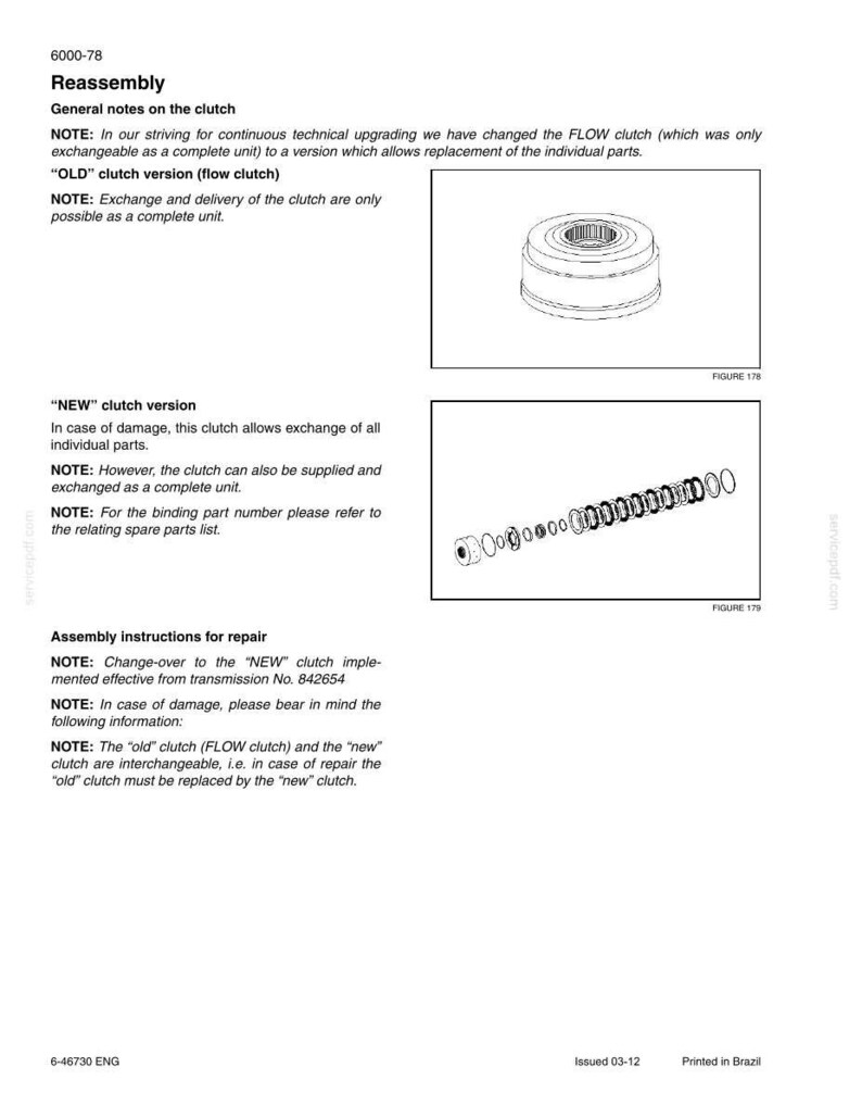 May include: Technical diagram from a manual, featuring two illustrations of clutch components. The top image shows a cylindrical part, while the bottom image displays a series of small, circular components. Text details reassembly instructions and clutch versions.