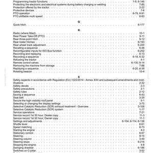 K&ouml;nnte beinhalten: Eine wei&szlig;e Seite aus einem technischen Handbuch-Index mit schwarzem Text, der alphabetisch von Power Take-Off bis Three-point hitch geordnet ist. Die Liste enth&auml;lt Themen wie Sicherheitsregeln, Lenkung und Traktorfunktionen mit Seitenzahlen.